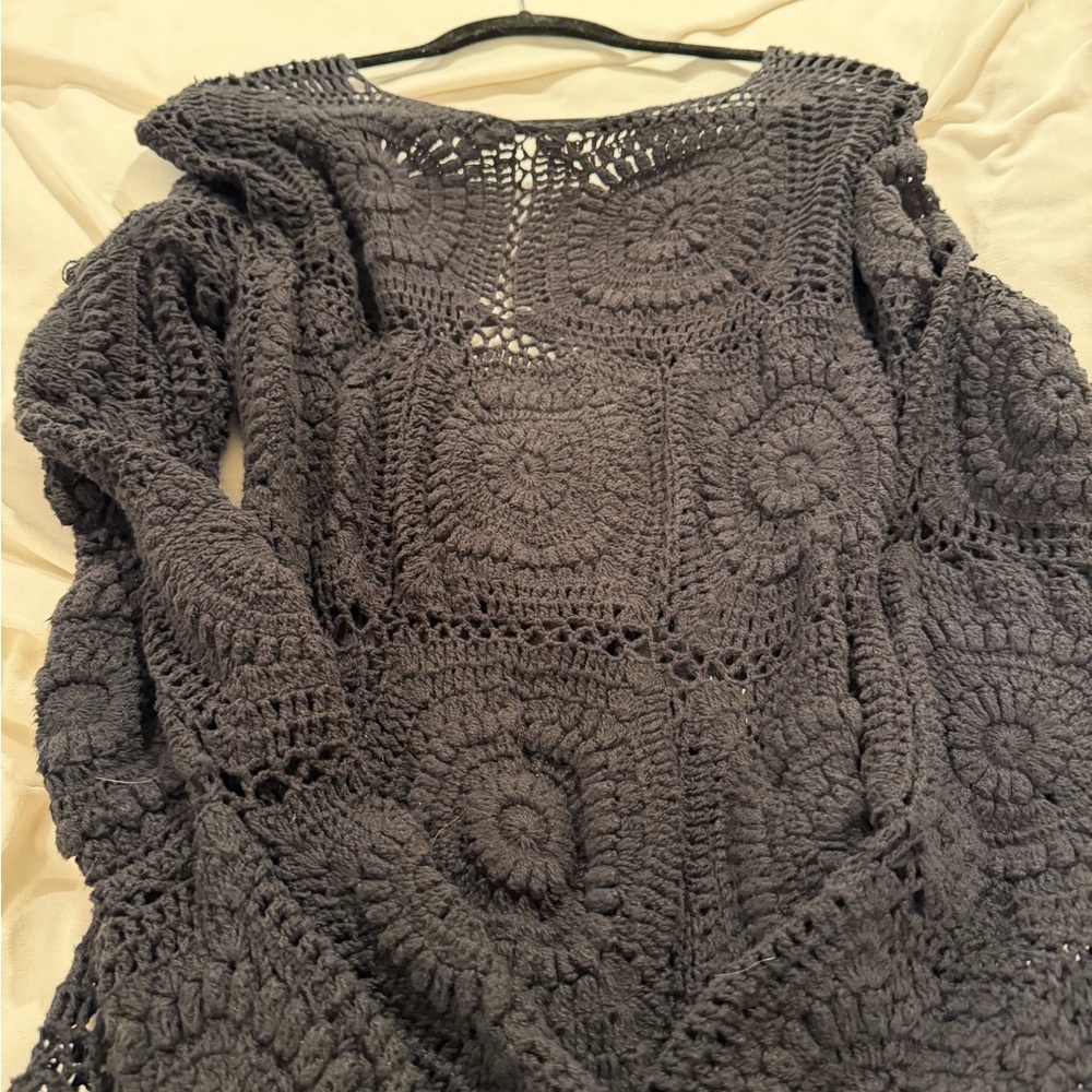 Anthropologie Bohemian Black Crochet Knit Long-Sleeve Midi Dress Large - Picture 7 of 12